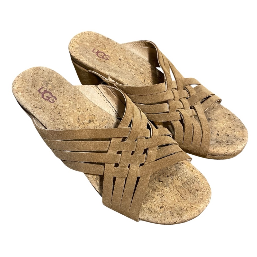 UGG Lilah Wedge Chestnut Brown Suede Cork Strappy Sandals Slip On